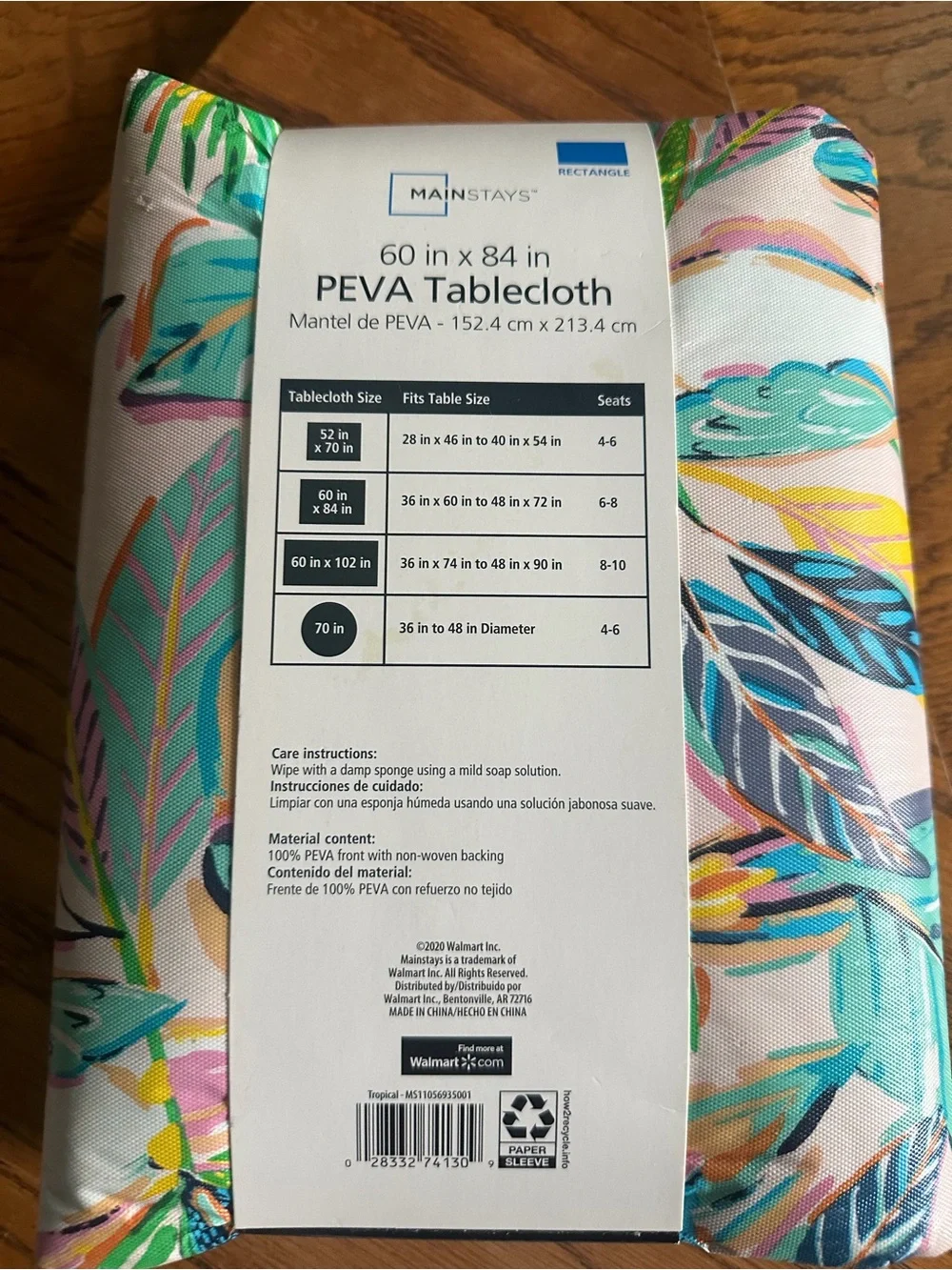 Mainstays Tropical Leaf PEVA Tablecloth in Blue, Green, Yellow, Pink & Cream
